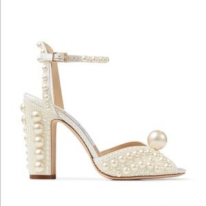 Jimmy Choo Sacaria 100 - White Satin Heels with All-Over Pearl Embellishment